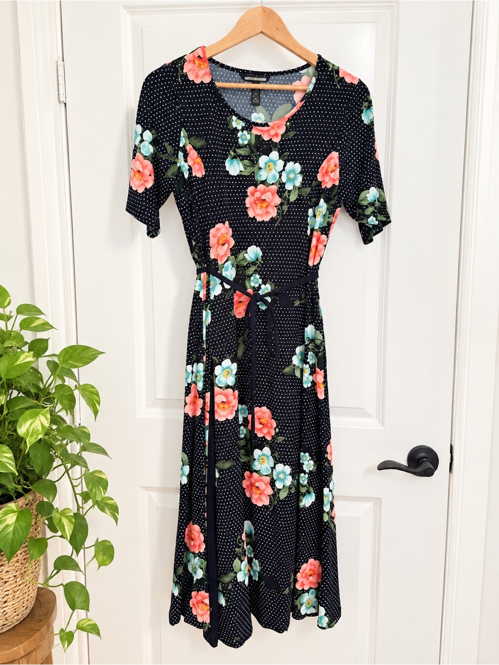 Nina Leonard Black Floral Below Knee Dress with Coral & Teal Blooms